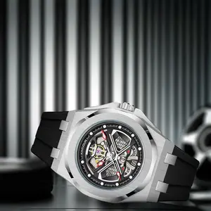 Luxury Skeleton Watch, Silver Stainless Steel Case, Black Rubber Strap, Automatic Movement Elegant Round Dial