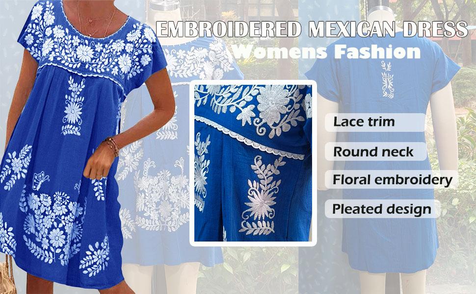 Chvity Mexican Dress for Women Short Sleeve Floral Embroidered Fiesta Dress Loose Linen Peasant Dresses|Wendy Dress Yellow Dress