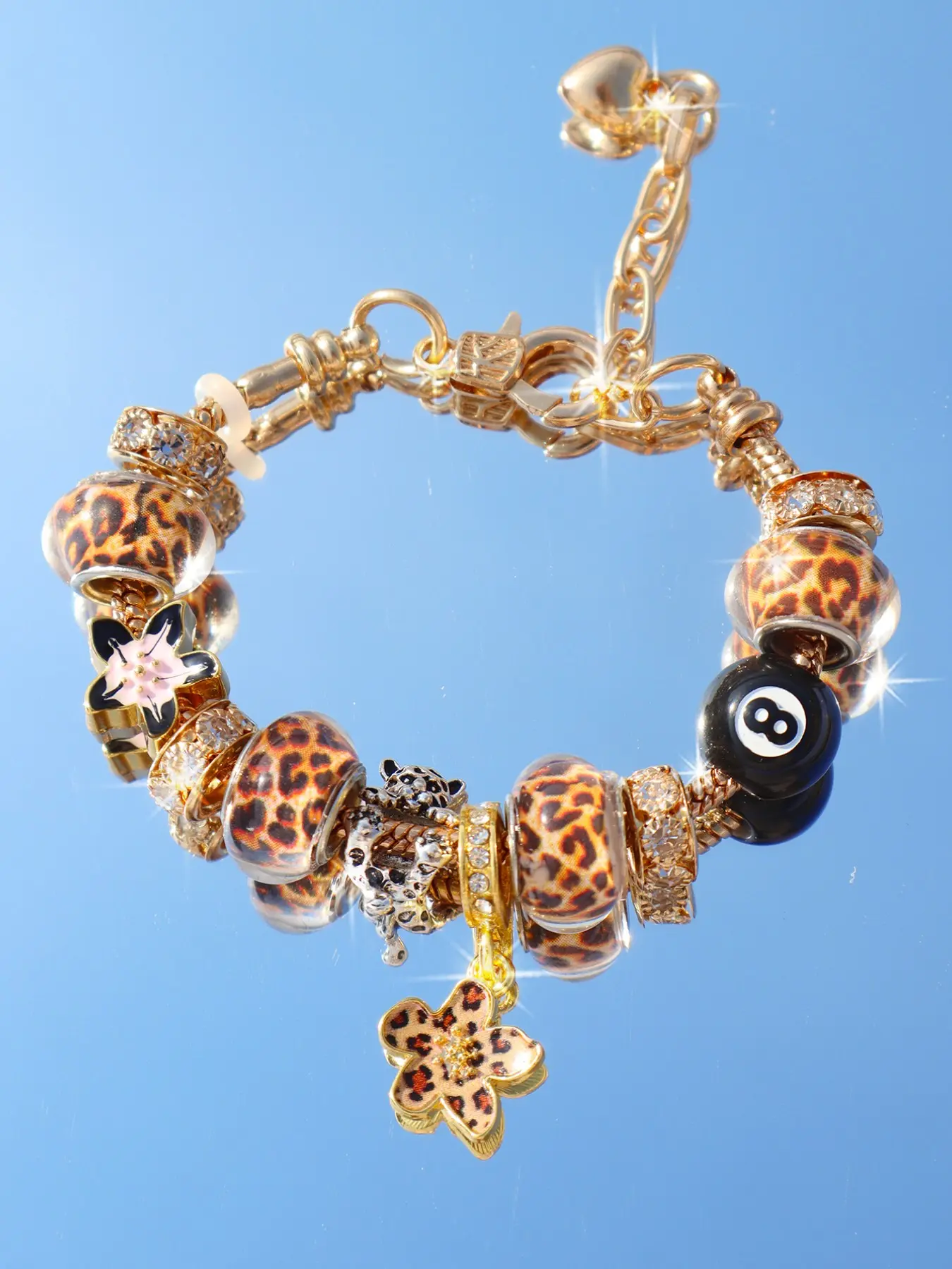 Leopard Print Cherry Blossom Charm Bracelet, Fashion Leopard Print DIY Bracelet, Leopard Print Flower Bracelet, Trendy Floral Bracelet, Fashionable Chunky Bangles, Floral Charm Bracelets, Fashionable Bracelet Style, Bracelets Jewelry