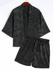 Men's Floral Jacquard Short Sleeve Open Front Top & Shorts Set, Regular Fit Casual Half Sleeve Top & Shorts, Men's Summer Outfits, Loungewear, Menswear