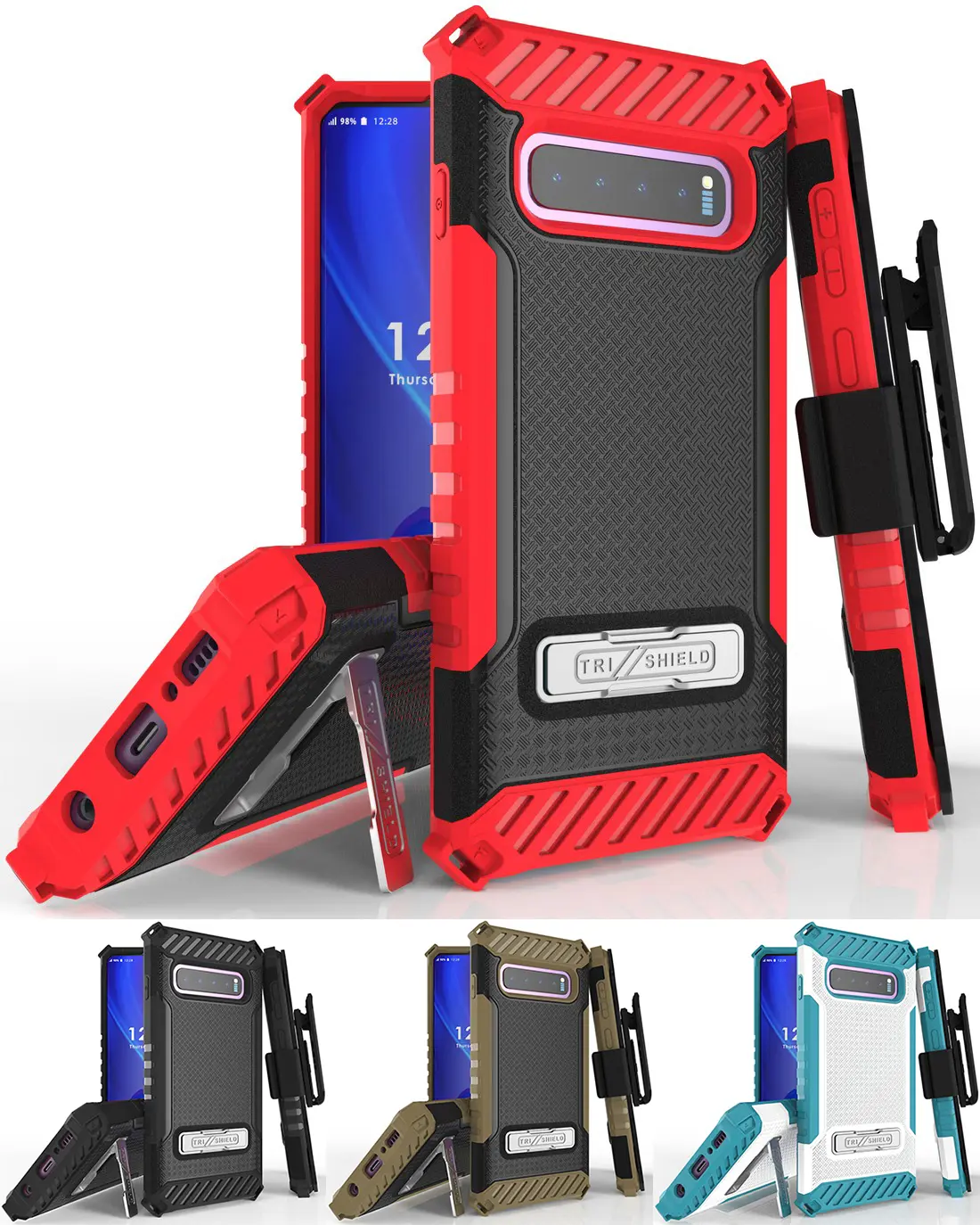 Case with Clip for Galaxy S10, Tri-Shield [Military Grade] Rugged Cover with Metal Kickstand [Includes Wrist Strap Lanyard + Belt Hip Holster] for Samsung Galaxy S10 Phone (SM-G973)