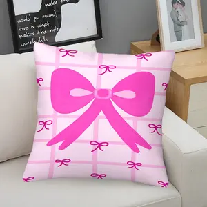 Pastel Pink and White Digital Print Throw Pillow, 45cm Square Decorative Cushion with Charming Grid Pattern and Adorable Bow Accents, Soft and Cozy Home Decor for Living Room & Armchairs, Perfect for a Feminine Touch! Includes Pillow Insert.