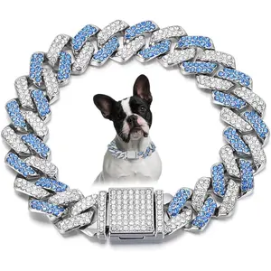 Dog Chain Necklace,Diamond Metal Cuban Link Dog Collar,15mm Wide Bling Sparkly Puppy Chain Collar for Small Medium Large Pet Dogs Cats Silver Blue(10 inch)
