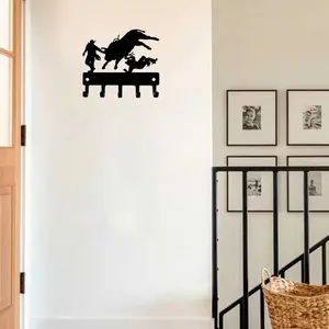Western Cowboy Pattern Key Holder, Rustic Metal Wall Art with Bull Rider & Rodeo Clown Design, Ranch-themed Entryway Organizer for Home Decor, Shelves