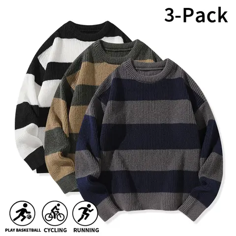 Men's 3-Pack Retro Color Block Striped Crew Neck Knit Sweater, Fall Winter Casual Warm Long Sleeve Pullover Knitwear, Comfort Relaxed Loose Fit Top for Daily Outdoor, Weekend Meetup & Christmas Holiday Wear  >