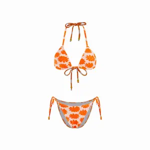 Cider Floral Halter Neck Beaded Detail Tie Side Triangle Bikini Set