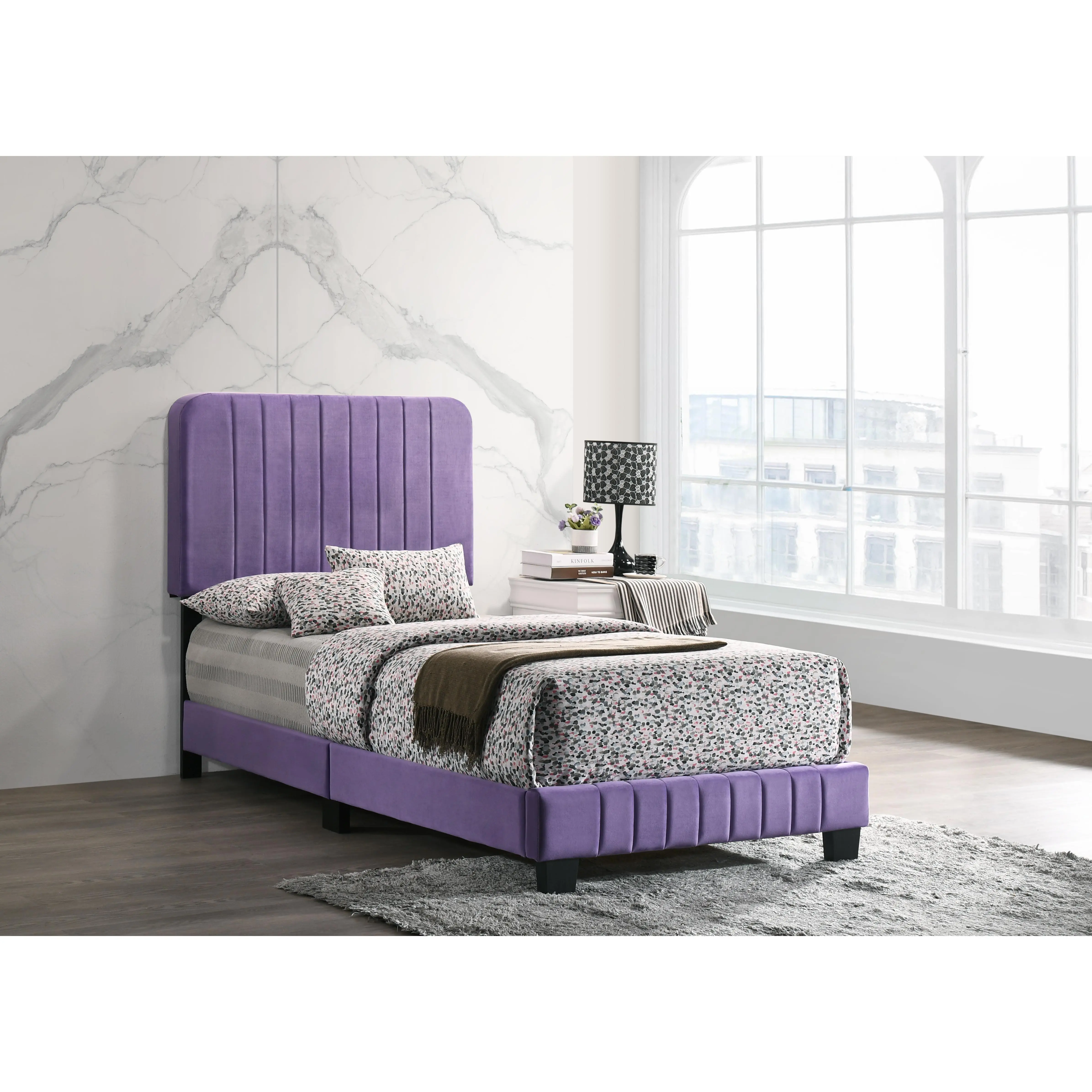 Dreamzon Contemporary Velvet Channel Tufted Vibrant Purple Twin Bed Frame - Easy Setup, 48"h x 43"w x 81"d, Assembly Required Indoor Furniture Bed Frame