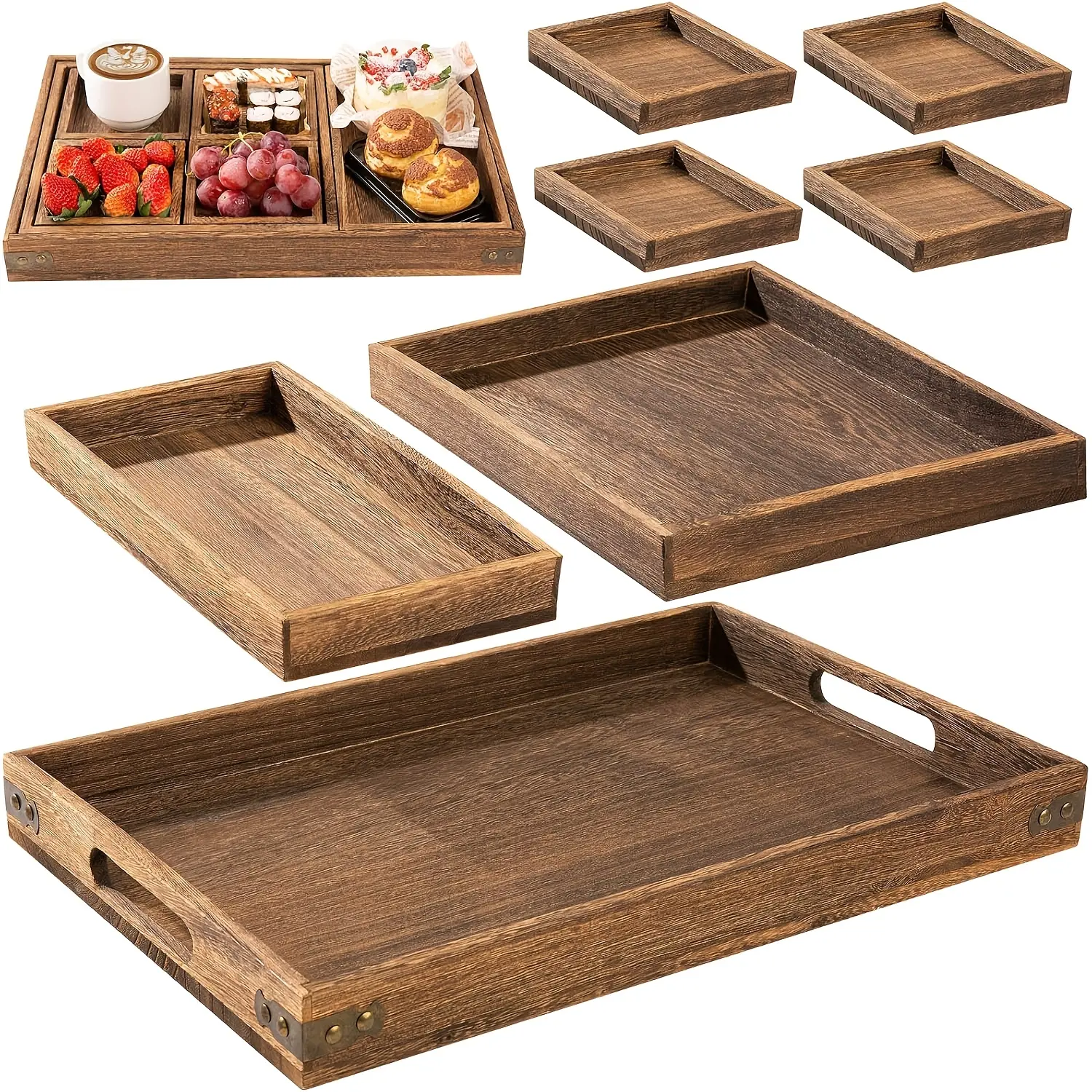 Seven-compartment solid wood tray, retro and elegant, with handle, country-style rectangular party tray, fruit tray, tea tray, suitable for arranging items of various sizes, snacks, tea, coffee, and desserts; durable kitchen or living room decorative tray