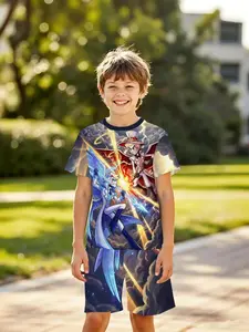 Boys' 3D Short Sleeve Set, Dark Style Hell Inn Character Lightning Effect Colorful Print, Outdoor Wear, Holiday Gift, Birthday Present