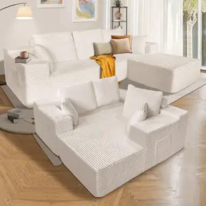 108'' Cloud Sectional Couch with L-shape Chaise, Boneless Corduroy Sofa with Deep Seat, Modern Modular Couch for Living Room, No Assembly Required, White Corduroy Fabric (White Right Facing Chaise) Affordable