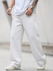 Men's White Non-Elastic Loose Straight-Leg Jeans, Streetwear, Minimalist American Street Trend, Boyfriend Gift, Versatile Must-Have for Husband's Birthday