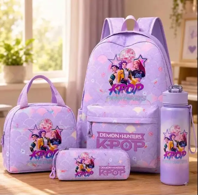 Kpop Demon Hunter 4PCS Girl's Backpack –  Pink School Bag with Lunch Bag, Pencil Case & Water Bottle