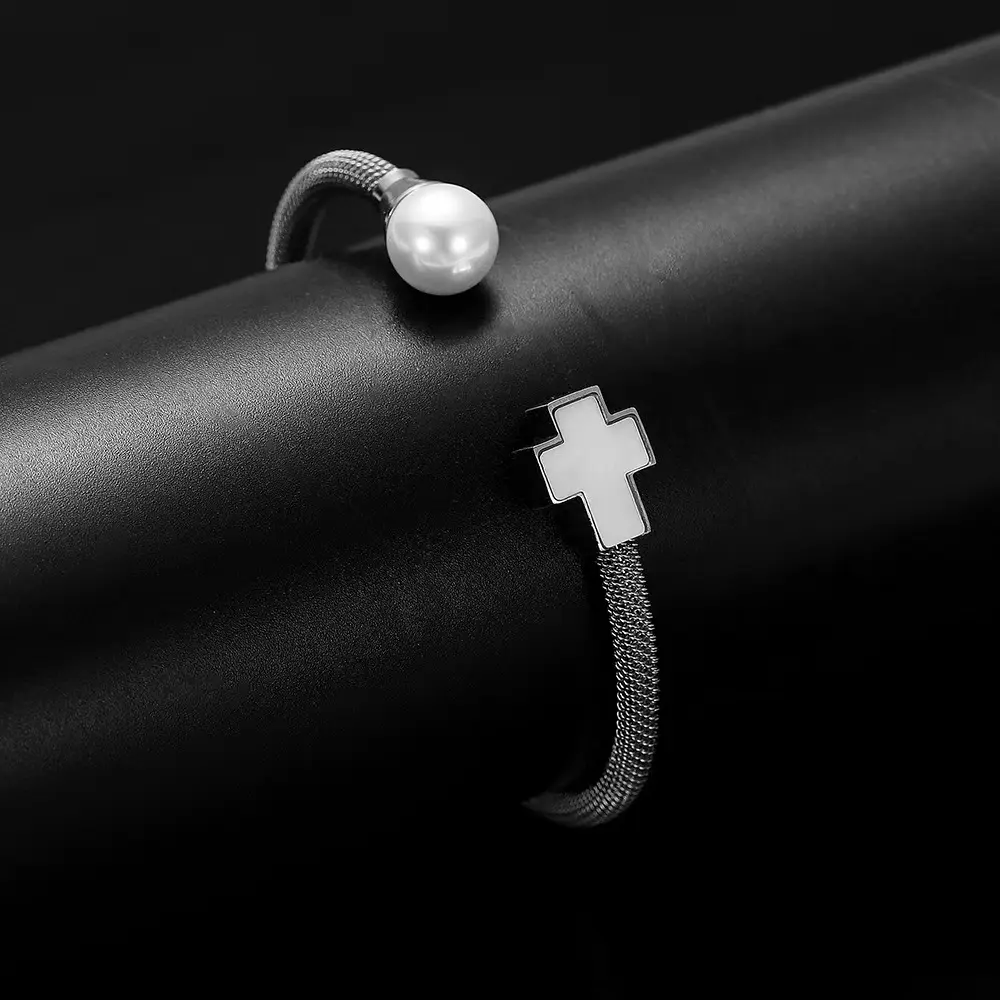 Men's Women's Minimalist Pearl Cross Cable Bracelet in Rose Gold & Silver Stainless Steel Elegant Versatile Gift