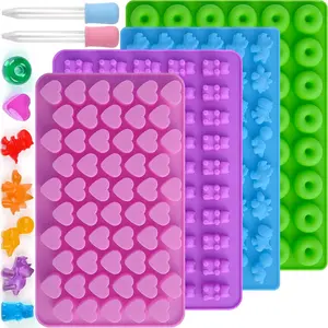 4 Pack Silicone Gummy Candy Molds with 2 Droppers,Non-Stick Silicone Baking Molds Dinosaur Bear Hearts and Donut Gummie Chocolate Mold,DIY Hand Tools Kits,Springtok