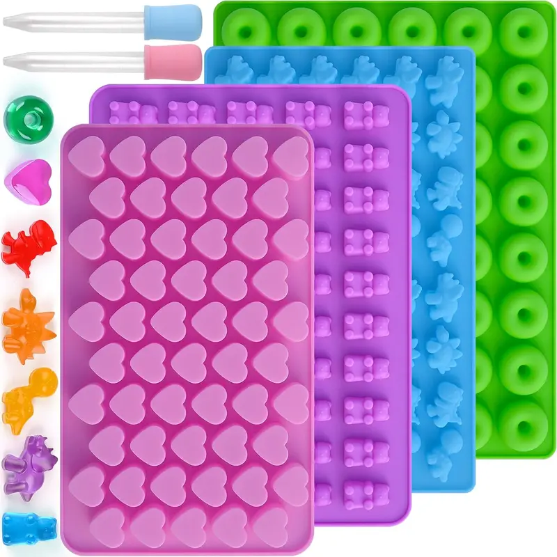 4 Pack Silicone Gummy Candy Molds with 2 Droppers,Non-Stick Silicone Baking Molds Dinosaur Bear Hearts and Donut Gummie Chocolate Mold,DIY Hand Tools Kits,Springtok