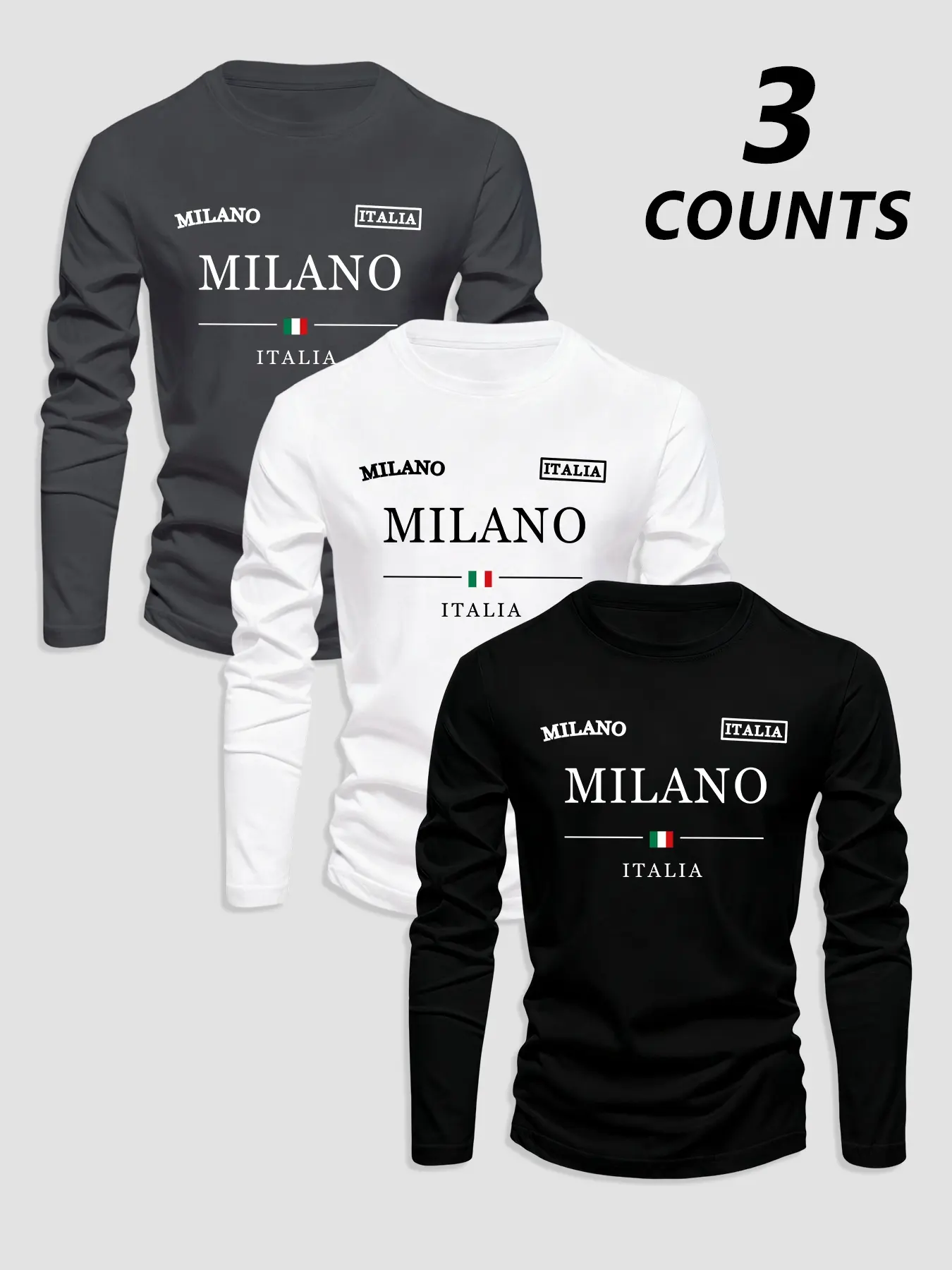 Men's Classic 3-Piece Set Letter Print Long Sleeve Knit T-Shirts, Casual Fitted Bottom Layer Clothing for Fall & Winter Seasons Knitwear