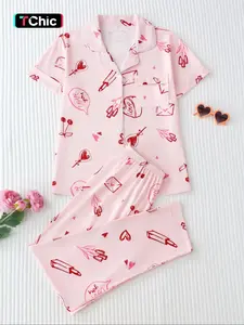 Women's Heart Print Short Sleeve Pajama Two-piece Set, Elegant Comfy Lapel Neck Button Top & Shorts PJ Set, Ladies Sleepwear for All Seasons, Pyjamas Womenswear
