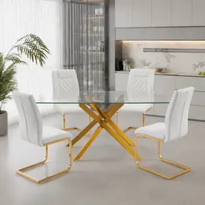 5-Piece Dining Table Set for 4,Modern Rectangular Tempered Glass Dining Table with 4 PU Leather High Back Chairs, Space-Saving Dining Room Table and Chairs Set of 4 with Metal Legs for Kitchen,Apartment