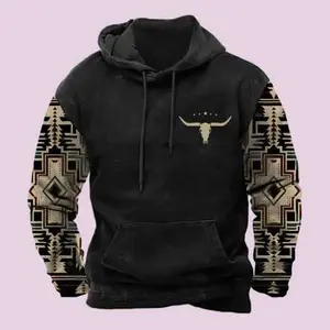 Men's Aztec Hoodie Western Cowboy Hooded Sweatshirt Warm Loose Casual Long Sleeve Drawstring with Pockets Menswear Animal Jeans Joggers Tops Pullover Vibe Cotton big tall men clothing vacation outfits