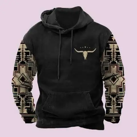 Men's Aztec Hoodie Western Cowboy Hooded Sweatshirt Warm Loose Casual Long Sleeve Drawstring with Pockets Menswear Animal Jeans Joggers Tops Pullover Vibe Cotton big tall men clothing vacation outfits