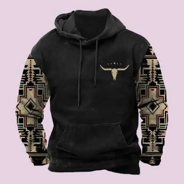 Men's Aztec Hoodie Western Cowboy Hooded Sweatshirt Warm Loose Casual Long Sleeve Drawstring with Pockets Menswear Animal Jeans Joggers Tops Pullover Vibe Cotton big tall men clothing vacation outfits