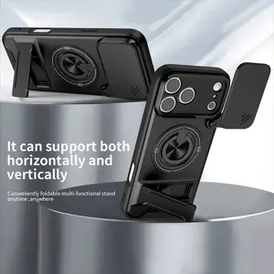 Phone Case: 3pcs Set[1 Phone Case+2 Screen Protectors] Luxury Multi-Functional Creative Push Window Rotating Ring Stand Phone Case Compatible with iPhone 17 16 15 14 13 12 11 Pro Max Plus Durable Fashion Magnetic Wireless Charging Shockproof Lens