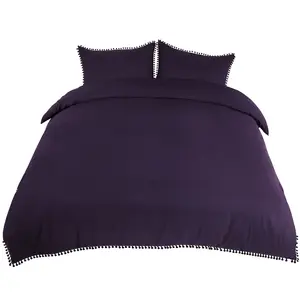 PiccoCasa 3 Pcs Duvet Cover Set with Pompoms,110gsm Brushed Polyester Microfiber Bedding Set,Duvet Cover & 2 Pillowcase,Zipper Closure & Corner Ties(No Duvet) Queen Dark Purple