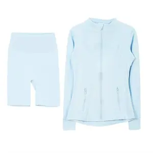 Slimming Nude Running Fitness Zipper Stand Collar Sports Jacket and Short Set for Active Wear