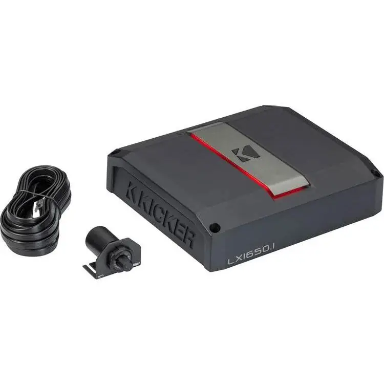 Kicker 51LX1650.1 LX-Series Mono Car Subwoofer Amplifier - 1 Ohm, 2 Ohms, 1-5 Bandwidth, 10-160 Hz, High-Power W (watts), 1/0-Gauge Wired Cable Wiring Kit, 10" Speaker-Level Input Harness, Car Mount Compatible