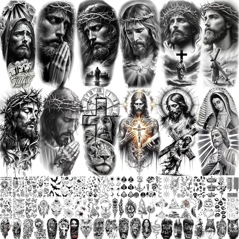 73-Sheet Waterproof Realistic Tattoos - 3D Gothic Skull, Gothic Rose, Whale, Tribal, Religious Jesus Christ Cross Designs, Cold Water Remove, 3-5 Days Long-Lasting, For Teens, Christian Faith Half Arm Sleeve Halloween Party Stickers