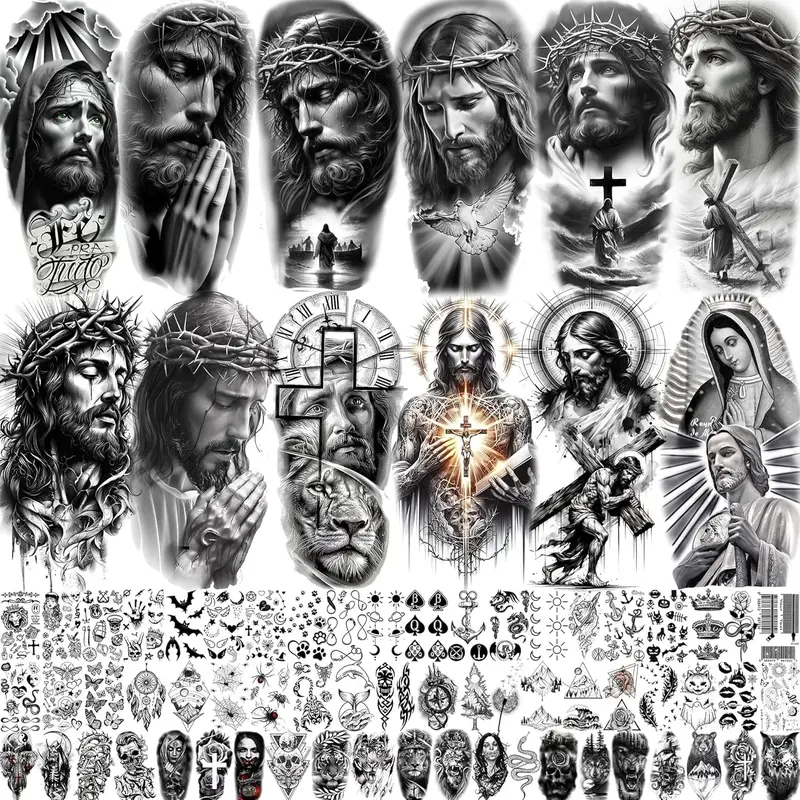73-Sheet Waterproof Realistic Tattoos - 3D Gothic Skull, Gothic Rose, Whale, Tribal, Religious Jesus Christ Cross Designs, Cold Water Remove, 3-5 Days Long-Lasting, For Teens, Christian Faith Half Arm Sleeve Halloween Party Stickers