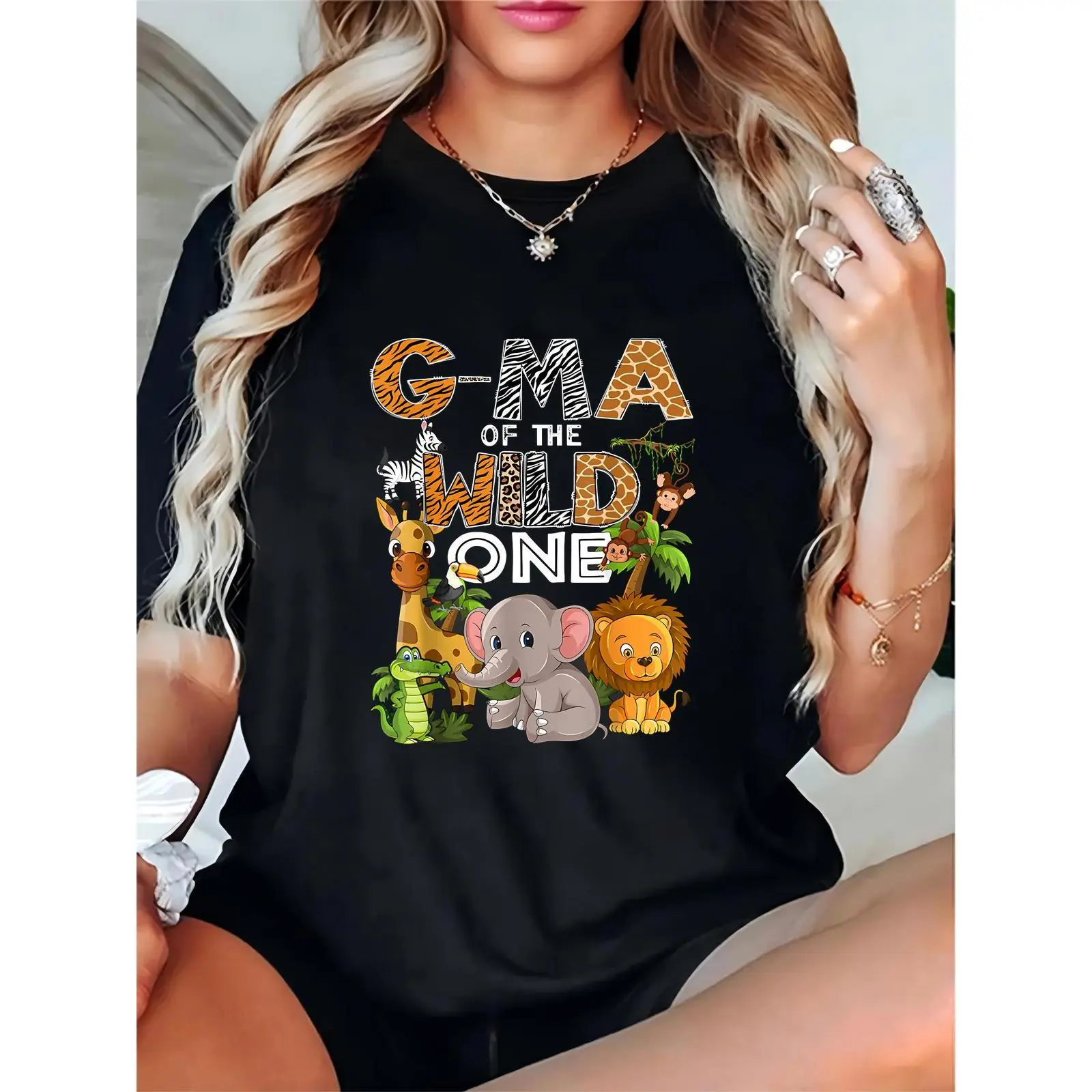 Women's G-Ma of the Wild One Safari Animals T-Shirt, Jungle Birthday Party Grandma Outfit, Cute Zoo Creatures Graphic Tee for Family Celebrations (Black) 100% Cotton T-shirt