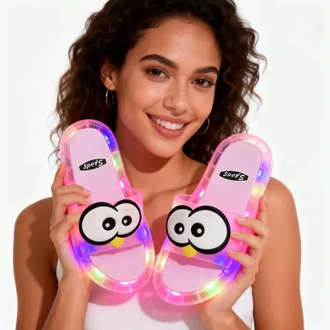 BIQIHERE Women's Battery-Powered Press-Activated LED Light-Up Slippers - Chic Transparent PVC Jelly Pool Slides, Athletic Ankle Design, 1-Second Slip-On, Cute Cartoons, Casual Party Gift for College Students, Indoor-Outdoor Summer House Shoes