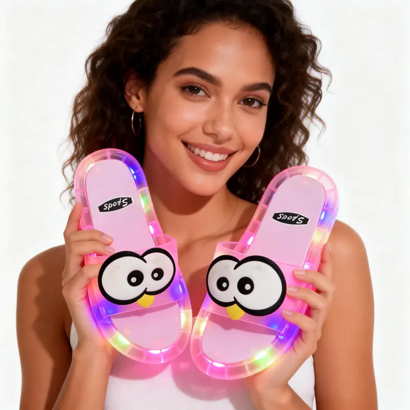 BIQIHERE Women's Battery-Powered Press-Activated LED Light-Up Slippers - Chic Transparent PVC Jelly Pool Slides, Athletic Ankle Design, 1-Second Slip-On, Cute Cartoons, Casual Party Gift for College Students, Indoor-Outdoor Summer House Shoes