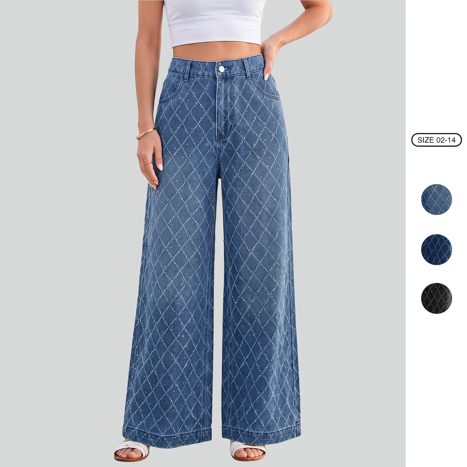 Imily Bela Women's Rhinestone Diamond Stitched Wide Leg Jeans Sparkly High Waisted Baggy Denim Pants