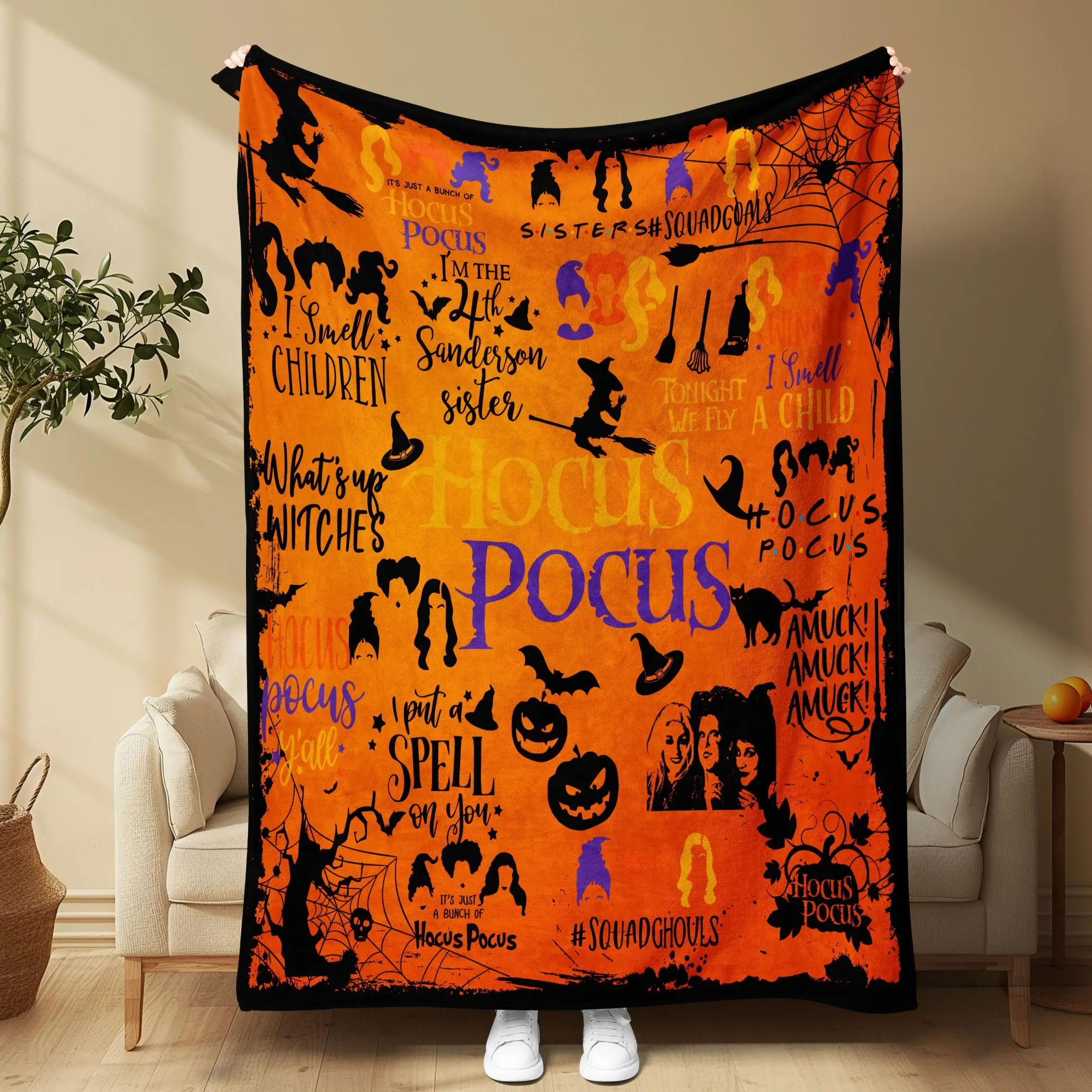 Hocus Pocus Halloween Blanket, Super Soft Fleece Throw, Witches Spells and Pumpkins Orange Cozy Blanket for Sofa Couch Bed, Christmas Halloween Gift
