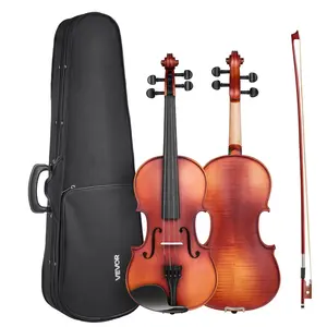 Violin 4/4 Size Fiddle Set Solidwood for Beginners Matte Brown Patterned