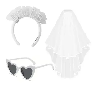 3-Piece Pearl Bride Hairband Heart-Shaped Glasses Set, Wedding Veil Eyeglasses Combo, Perfect for Bridal Party Decorations Wedding party Photo props Gifts