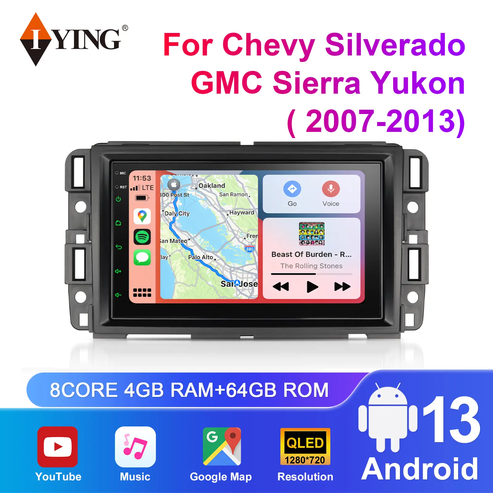 IYING Car Stereo Radio for Chevy Silverado GMC Sierra 2007-2013 with 8 core 7 inch Android 13 Touchscreen support Wireless Carplay Android Auto, 4G+64G/WiFi/FM/DSP/SWC, Bluetooth, GPS Navigation