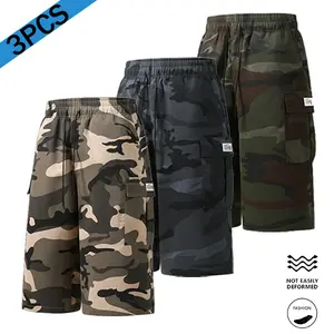 Men’s 3-Pack Cargo Shorts, Vintage Camouflage Color-Mixed Military-Inspired 7-Inch Adjustable Outdoor Shorts, Loose Elastic Waist, Multiple Pockets, Summer Casual Streetwear Bottoms, Adjustable Men's Shorts, Color-Mixed Men's Shorts