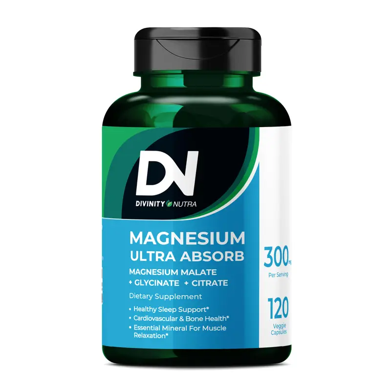 DN Triple Magnesium Complex Supplement, High Absorption of Magnesium Glycinate, Malate & Citrate for Stress, Sleep, Muscle & Bone Health, 120 Vegan Caps Edible Dietary, Divinity Nutra