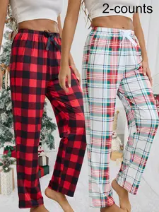 Women's Plaid Print Long Pants Casual Micro-Elastic Sleepwear, Comfortable Home Wear, Can Be Worn Outside, Stylish Loungewear