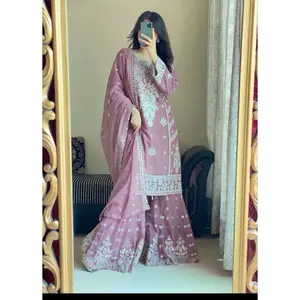 Pakistani Gharara Dress - Elegant Pink with White Embroidery, Long Sleeves, and Flowing Skirt