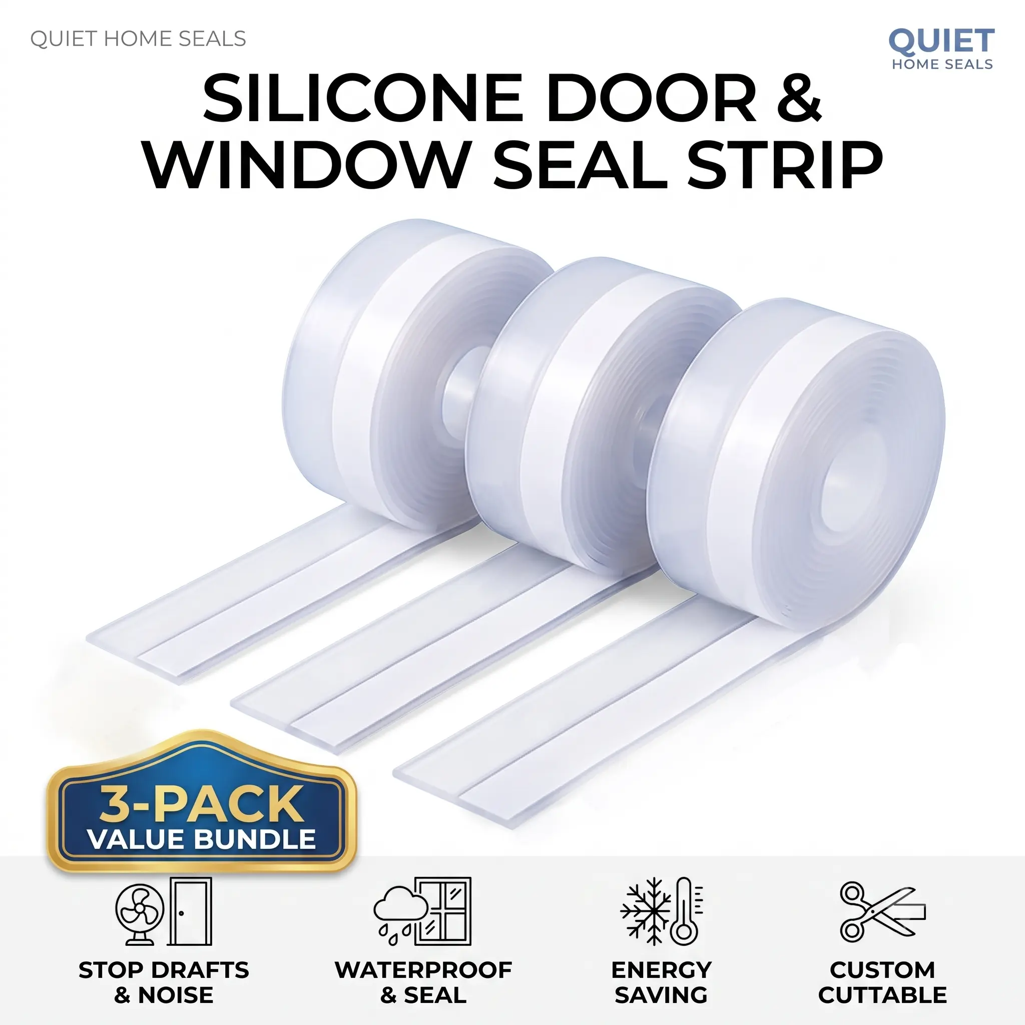 3 Pack Self-Adhesive Silicone Door & Window Seal Strip, Clear Weather Stripping Tape for Blocking Drafts, Dust & Rain