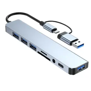 8 in 2 USB +Type C HUB Docking Station with 3.5mm Audio Jack Adapter Micro SD Card Reader Laptop Tablet Phone Disk Converter port