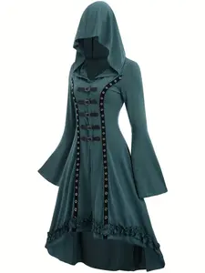 Women's Grommet Eyelet Buckle Decor Frill Trim High Low Hem Hooded Jersey Dress, Punk Fashion Flounce Sleeve A Line Slim Dress for Party Holiday, Women's Clothing for Fall & Winter, Witch Costume