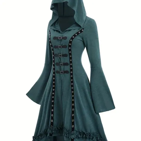 Women's Grommet Eyelet Buckle Decor Frill Trim High Low Hem Hooded Jersey Dress, Punk Fashion Flounce Sleeve A Line Slim Fit Dress for Party Holiday, Women's Clothing for Fall & Winter, Witch Cosplay Costume, Outfit, Costume for Parties, Womenswear