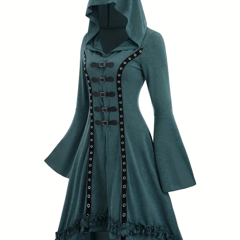 Women's Grommet Eyelet Buckle Decor Frill Trim High Low Hem Hooded Jersey Dress, Punk Fashion Flounce Sleeve A Line Slim Fit Dress for Party Holiday, Women's Clothing for Fall & Winter, Witch Cosplay Costume, Outfit, Costume for Parties, Womenswear