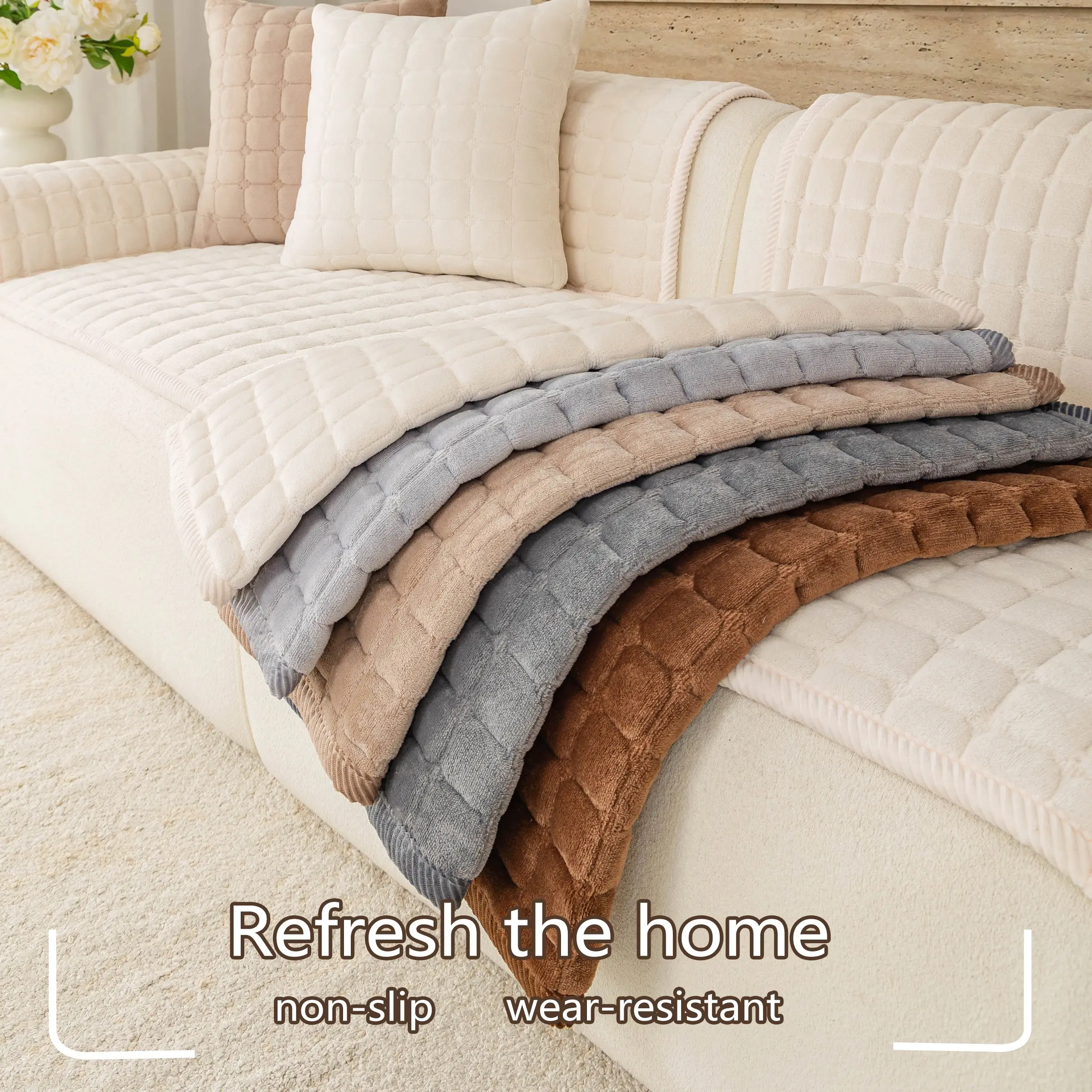 Thick Plush Sofa Pad, Warm Comfortable Cushion, Backrest & Armrest Pad, Rectangular Pattern, Non-Slip Pet Friendly, Quilted Sofa Cover, Multiple Colors