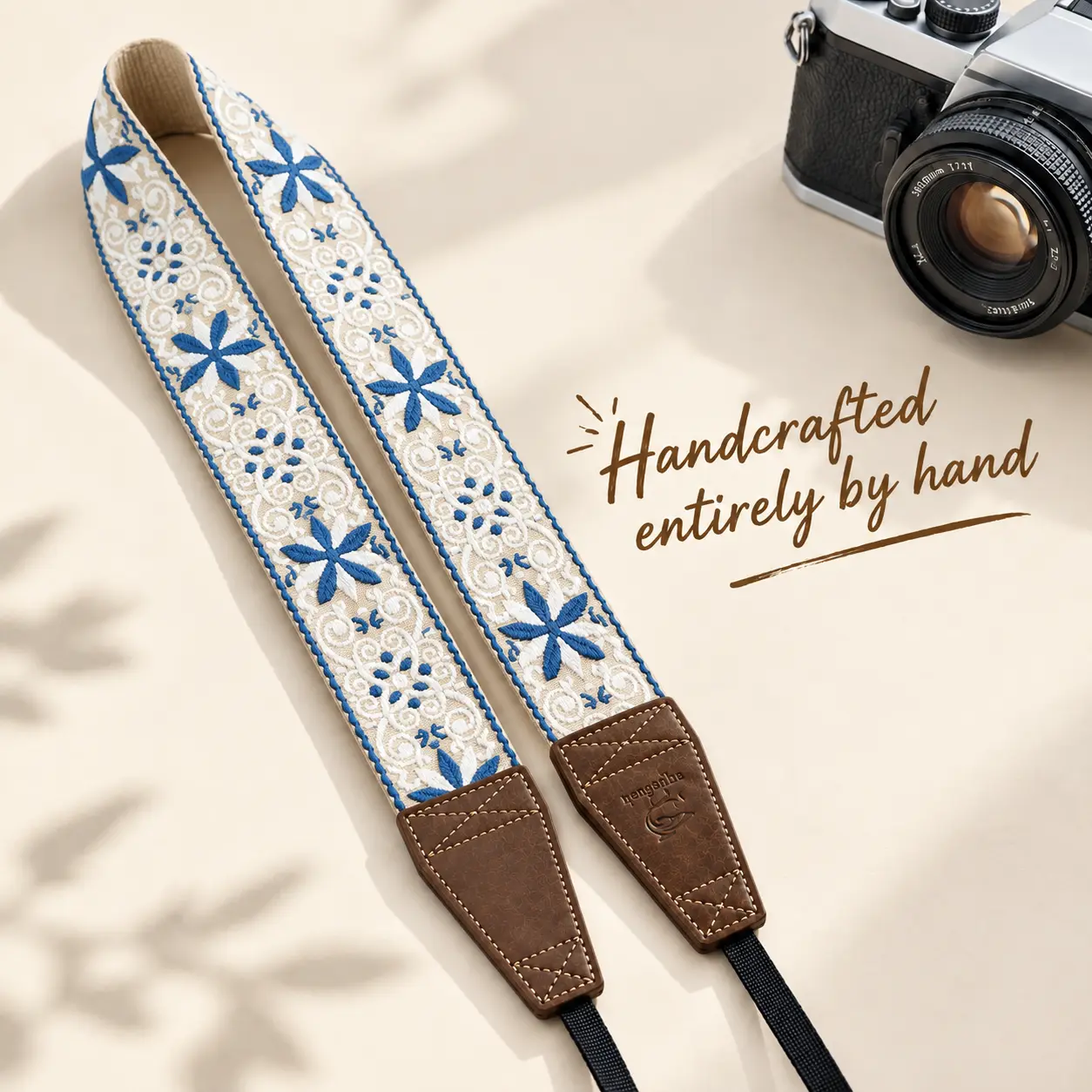 Padded Embroidery Camera Strap - Portable Camera Accessories, Cotton Fabric, Leather Ends, Buckle Attachment, Quick Release Buckles, Universal Fit, Shoulder & Crossbody Wear Options